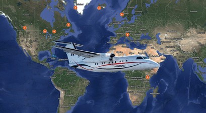 Eine Dash 8 von Air Kenya und die bisherigen Stopps der Auslieferungsroute: Kleiner Flieger, langer Weg.