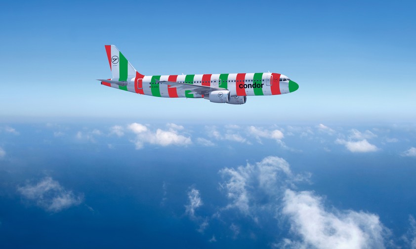 Airbus A320 von Condor in italienischen Nationalfarben (Montage): Der Ferienflieger fliegt innerhalb von Italien.