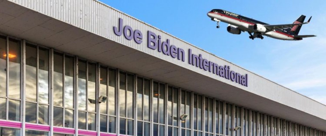 Bildmontage: Trump-Jet über Biden-Airport.