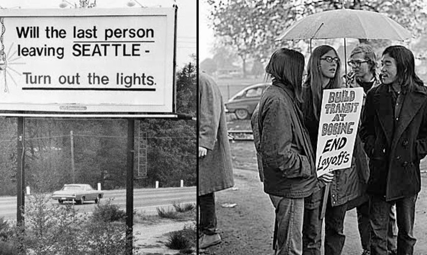 Die ikonische Werbetafel 1971 und Demonstranten: Es war Boeings erste große Krise.