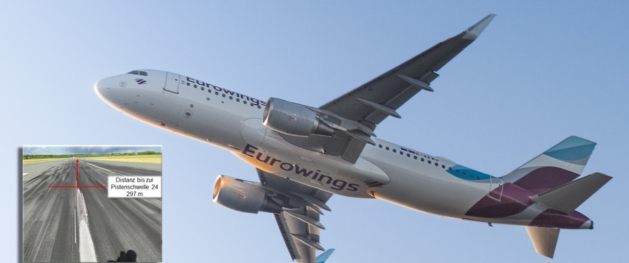 Ein Airbus A320 von Eurowings und ein Bild der Pistenspur in Paderborn: Flug EW6838 erlitt einen Tailstrike.