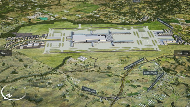Eine langfristiges Modell zeigt, wie der Flughafen nach einem Ausbau aussehen könnte.
