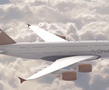 Visualisierung eines Airbus A380 im Design von Fly Oriole: Oriole ist ein Vogel, der auch vorne auf dem Flieger sowie auf dem Heck abgebildet ist.