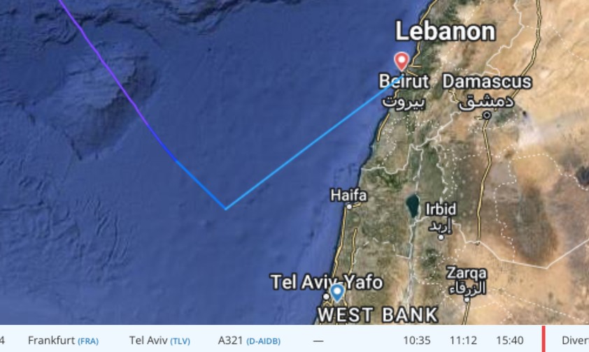 Angezeigte Flugroute des Lufthansa-Fluges FRA - TLV am 10. Februar: Nicht richtig.