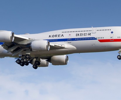 Die Boeing 747-8 der koreanischen Regierung im Anflug auf Frankfurt: Es war ein kurzer Besuch.