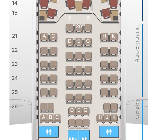 Das Premium Economy-Abteil im Airbus A350 von Swiss: Zwei einsame Economy-Reihen.