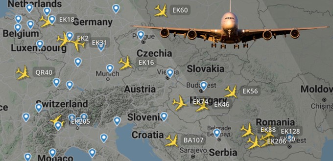 Momentaufnahme vom 5. Januar 2022 um 16:08 Uhr: Insgesamt 15 Airbus A380 über Mittel- und Osteuropa.