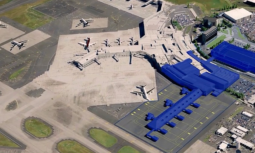 Das geplante neue Inlandsterminal und der geplante neue Bahnhof (in Blau): Heftige Opposition von zwei zentralen Kunden.