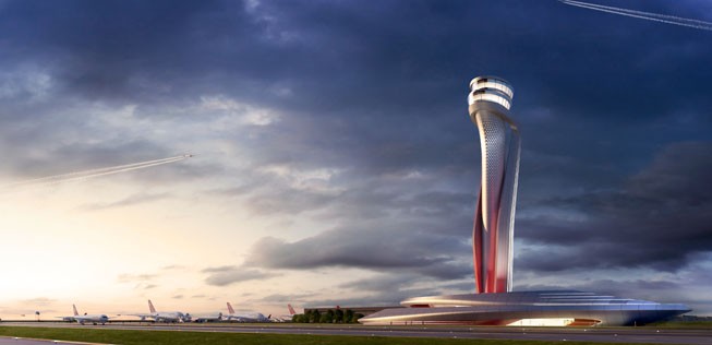 Der 95 Meter hohe Kontrollturm wird das Wahrzeichen des Istanbul New Airport. Designt wurde er von Pininfarina.