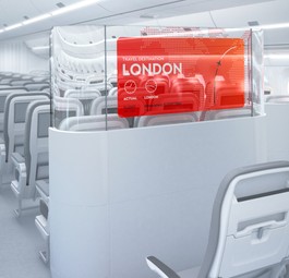 Konzepte von der Shortlist der Crystal Cabin Awards 2020: Nahezu unsichtbar möchte AERQ, ein Joint Venture von LG und Lufthansa Technik, die Trennwände zwischen den Klassen machen. Transparente Bildschirme zeigen den Passagieren Informationen und Angebote der Airline.