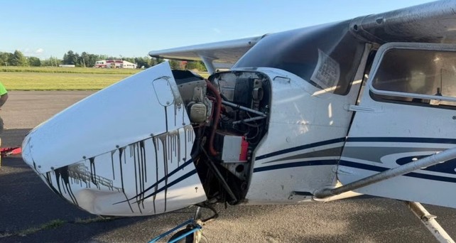 Cessna 182 nach der Landung: Der Propeller fehlt.