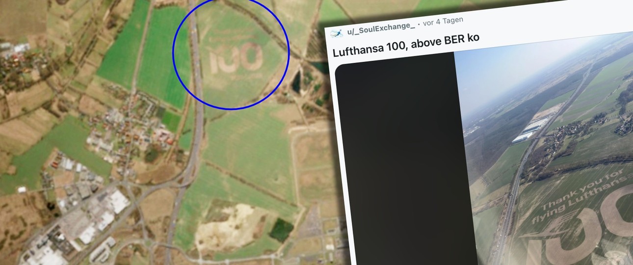 Das 100-Jahre-Signet von Lufthansa nahe des Flughafens Berlin-Brandenburg: Es ist nicht das einzige.