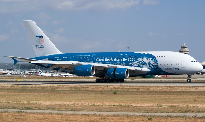 Der Airbus A380 von Hi Fly am 2. August 2018 in Palma.