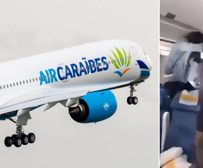 Airbus A350 von Air Caraïbes und Szene von der Prügelei: Haftstrafen drohen.