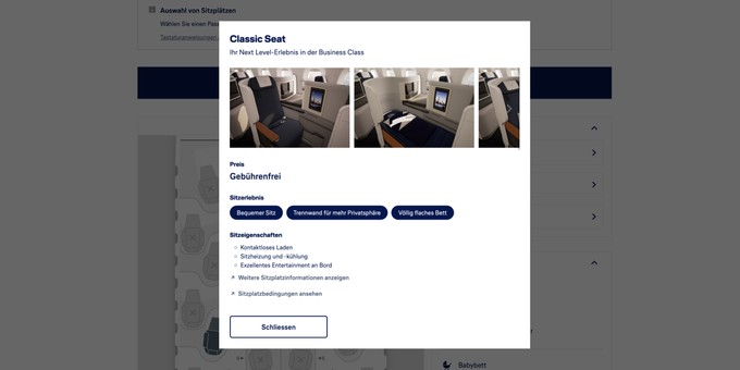 Ein Klick auf den Sitztyp öffnet ein kleines Fenster mit zusätzlichen Infos und Bildern. Hier: Der Classic Seat.