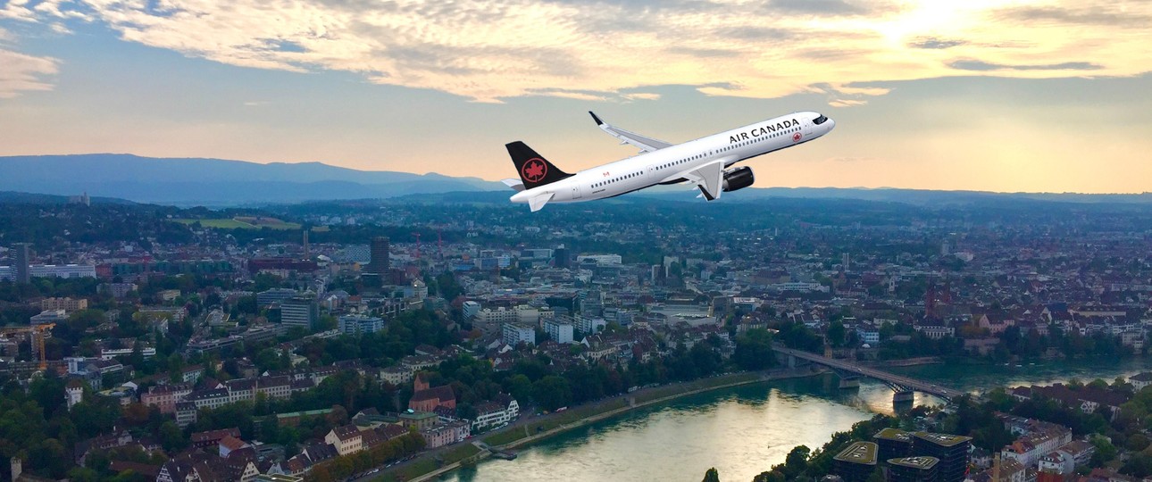 Airbus A321 XLR von AIr Canada über Basel (Montage): Die Flugline eröffnet die neue Strecke im Sommer 2027.