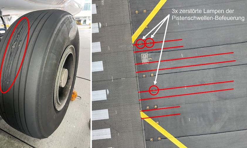 Beschädigter Reifen, spuren und zerstörte Lampen: Ein Airbus A380 von Lufthansa setzte in München zu früh auf.