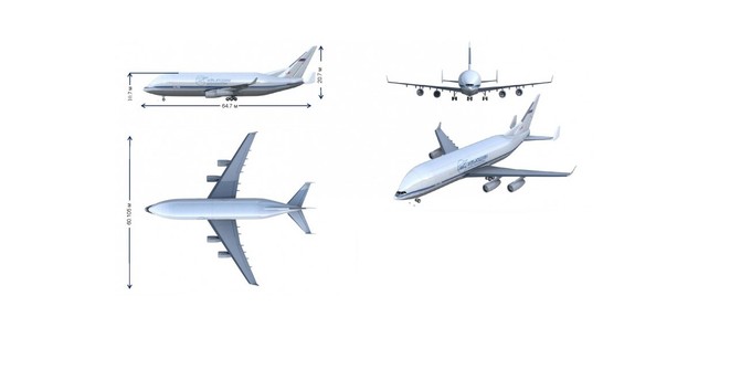 Die Dimensionen: Die Ilyushin Il-96-500T wird 64,7 Meter lang, die Rumpfhöhe beträgt 10,7 Meter, die Höhe beim Leitwerk 25,7 Meter. Die Spannweite beträgt wie bei der Il-96-400 60,1 Meter.