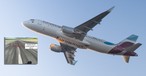 Ein Airbus A320 von Eurowings und ein Bild der Pistenspur in Paderborn: Flug EW6838 erlitt einen Tailstrike.
