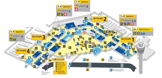 Derzeit besitzt Amsterdam Schiphol ein im rechten Winkel angeordnetes Terminal mit (im Abflugsbereich) drei Hallen und acht Piers. Alle Bereiche sind direkt miteinander verbunden.