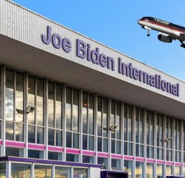 Bildmontage: Trump-Jet über Biden-Airport.