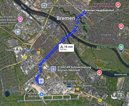 Mit dem Fahrrad vom Hauptbahnhof zum Flughafen Bremen: In 18 Minuten zu erreichen.