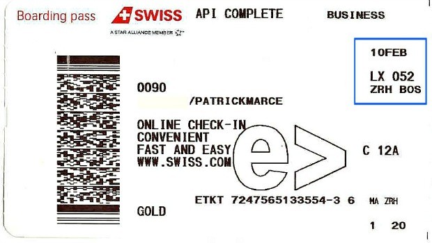 Er flog am 10. Februar ab. LX steht für den Iata-Code der Fluglinie, in diesem Fall Swiss. 052 ist die Flugnummer. ZRH kennzeichnet den Abflug in Zürich und BOS das Ziel Boston.