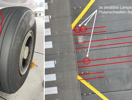 Beschädigter Reifen, spuren und zerstörte Lampen: Ein Airbus A380 von Lufthansa setzte in München zu früh auf.