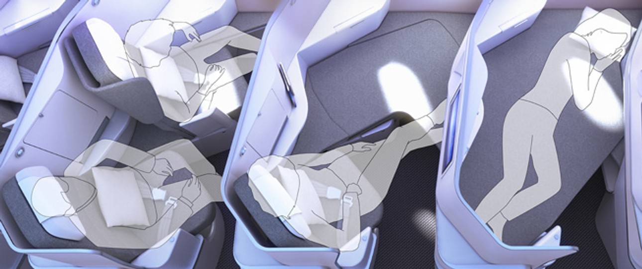 Eine Visualisierung des Sitzkonzepts Butterfly: Links die Variante Premium Economy, in der Mitte und rechts Business Class.