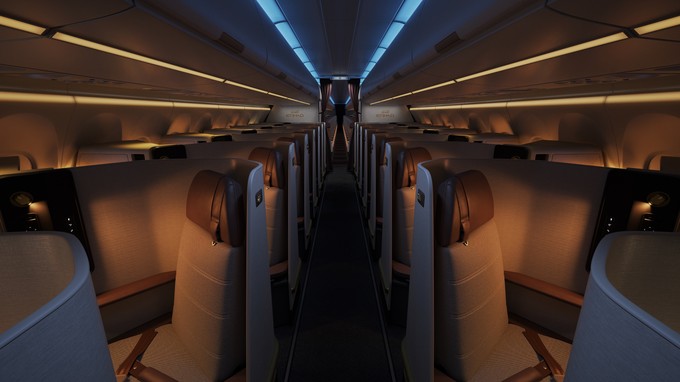 Die Golfairline setzt für sekundäre Routen auf den Airbus A321 LR. Die Business Class bietet 14 Plätze. Sie stehen in einer 1-1-Konfiguration und sind zu den Fenstern hin ausgerichtet.