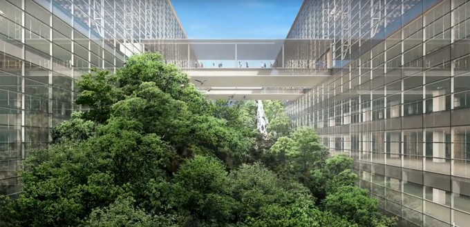 Zwischen zwei Sektionen des Terminals ist außer ein Garten mit echten Bäumen geplant, der wie ein kleiner Wald anmutet. In diesem ...