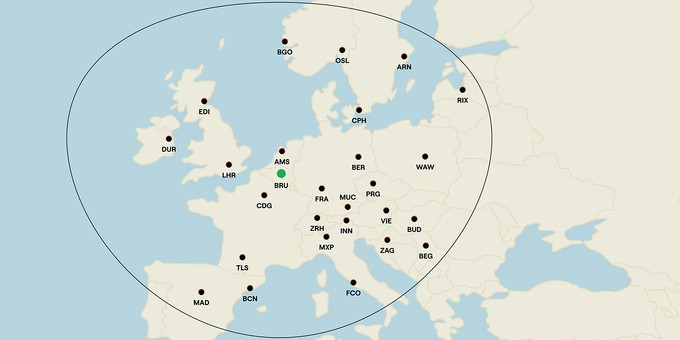 ... eine Reichweite von 1482 Kilometern haben - hier visualisiert ab Brüssel.