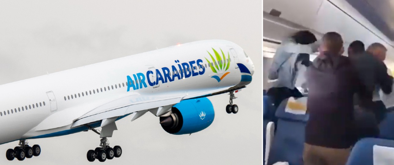 Airbus A350 von Air Caraïbes und Szene von der Prügelei: Haftstrafen drohen.