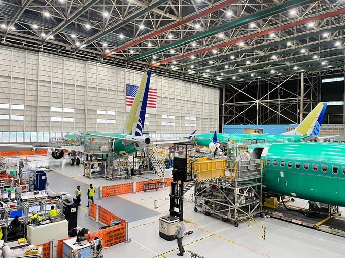 Blick in die Boeing 737-Max-Fabrik in Renton. Die Flugzeuge werden in 14 Tagen gebaut.