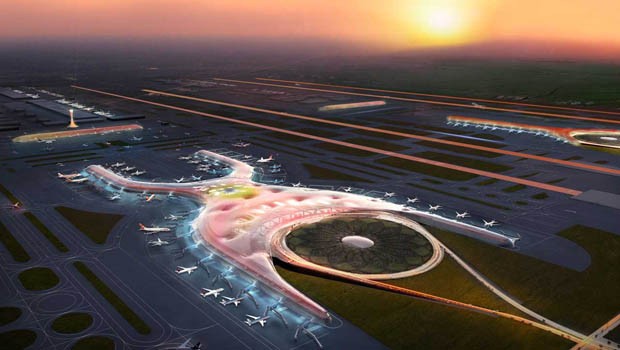 Mit einer Fläche von 555'000 Quadratmetern wird der neue Airport Mexikos einer der größten der Welt. Die Architekten von Norman Foster überziehen den ganzen Flughafen mit einer einzigen gewölbten Hülle aus leichtem Stahl und Glas.