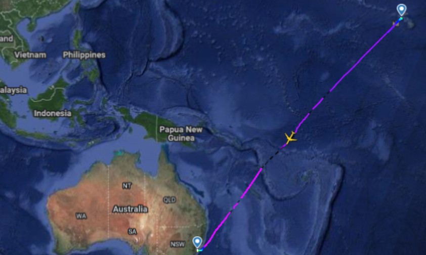 Die Flugroute von Honolulu nach Sydney: Unten vor allem Wasser.
