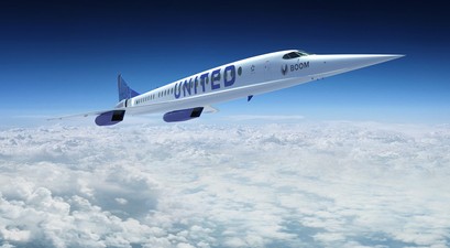 Boom Overture in den Farben von United: Newark - Frankfurt in vier Stunden.