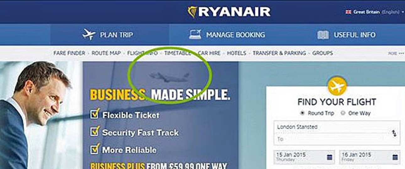 Webseite von Ryanair: Ein Aer-Lingus-Flieger schmuggelte sich aufs Bild.