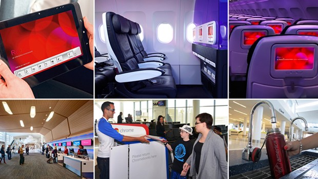 Rang 7: Virgin America - Gestylte Checkin-Schalter, neue Beleuchtungskonzepte, coole Musik an Bord, das ist in den USA nicht Standard und zeichnet die Airline aus.