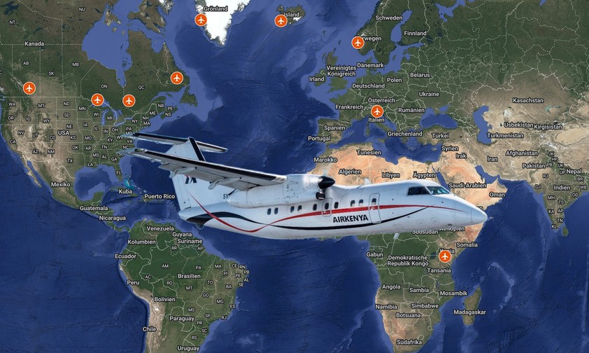 Eine Dash 8 von Air Kenya und die bisherigen Stopps der Auslieferungsroute: Kleiner Flieger, langer Weg.