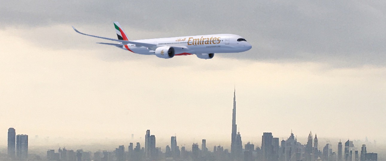 Emirates' Airbus A350 über Dubai: Erst ab 2024 zu sehen.