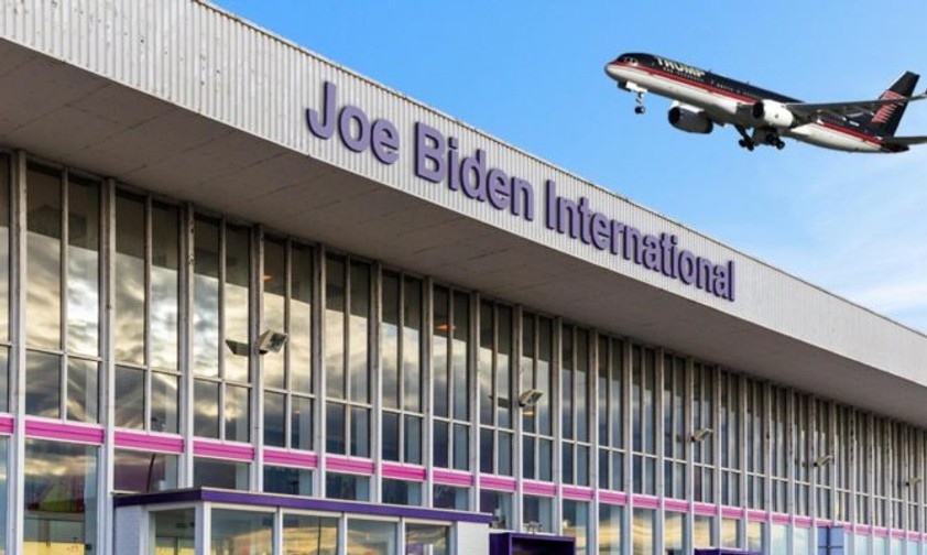 Bildmontage: Trump-Jet über Biden-Airport.