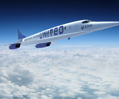 Boom Overture in den Farben von United: Newark - Frankfurt in vier Stunden.
