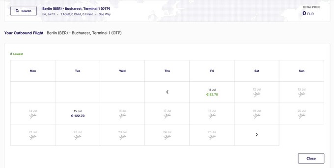 Buchungssystem auf der Webseite von Dan Air: Berlin-Flüge nur bis zum 15. Juli.