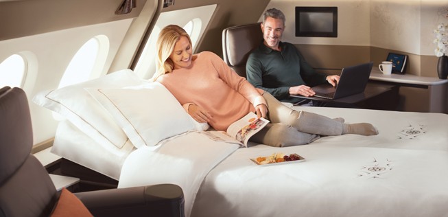 Die neue First-Class im A380 von Singapore Airlines: Die ersten beiden Suiten können in eine mit Doppelbett umgewandelt werden.