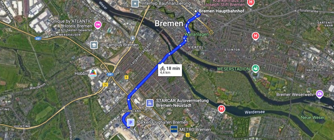 Mit dem Fahrrad vom Hauptbahnhof zum Flughafen Bremen: In 18 Minuten zu erreichen.