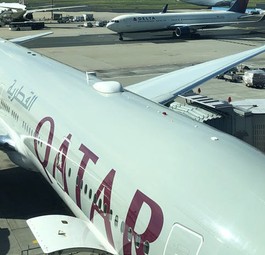 Unser Flugzeug auf dem Testflug: Eine Boeing 777 von Qatar Airways.