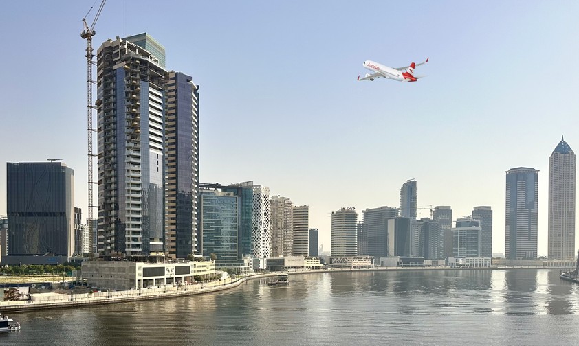 Airbus A320 Neo von Austrian Airlines über Dubai (Montage): Bald Wirkllichkeit.