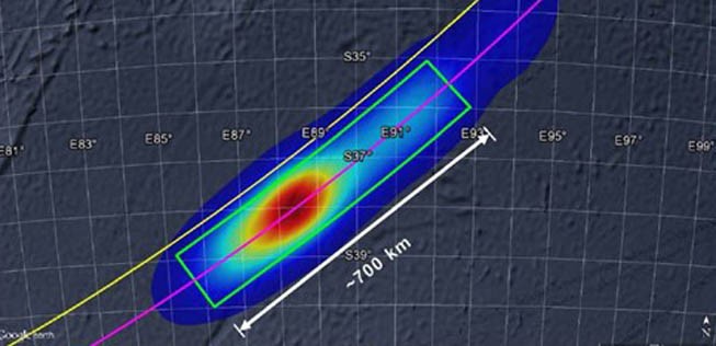 Die neuste Analyse der Suchgruppe zum Absturzort: Je röter der Bereich, desto höher die Wahrscheinlichkeit, dass dort MH370 liegt.