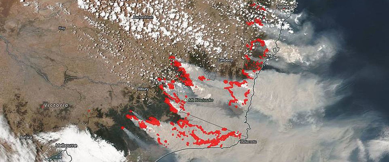 Satellitenbild der Buschfeuer in Australien: Verheerende Folgen für Mensch, Tier und Pflanzenfeld.
